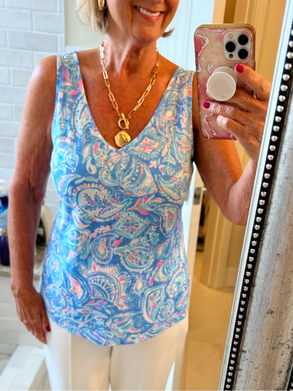 Lilly Pulitzer Blue Paisley V-Neck Camisole with Pink Accents